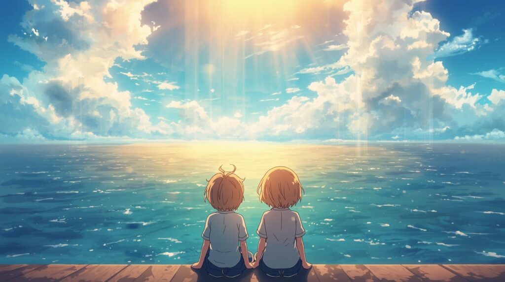 座って海を見る小さな子どもの画像
