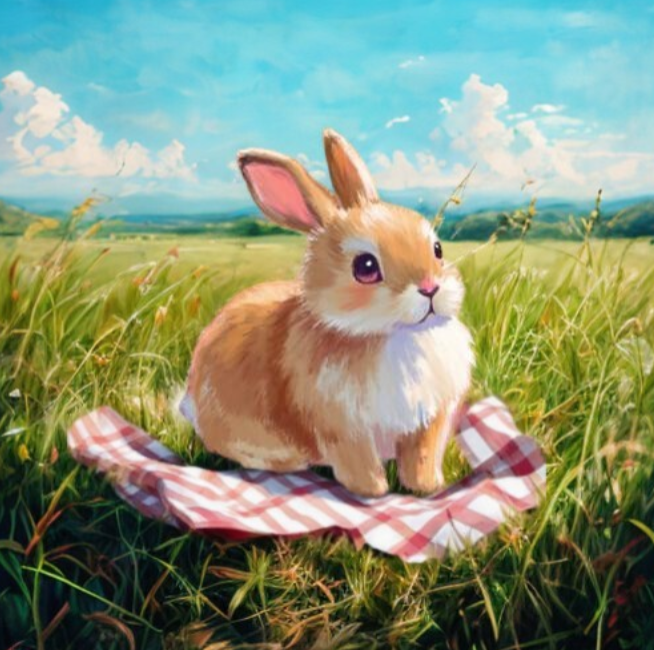 敷物の上に座るウサギの画像