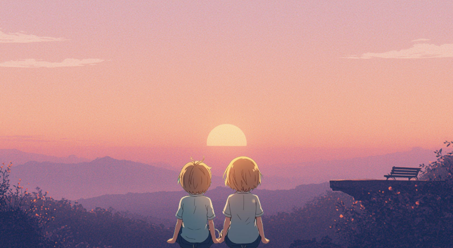 夕焼けを見えている子どもの画像