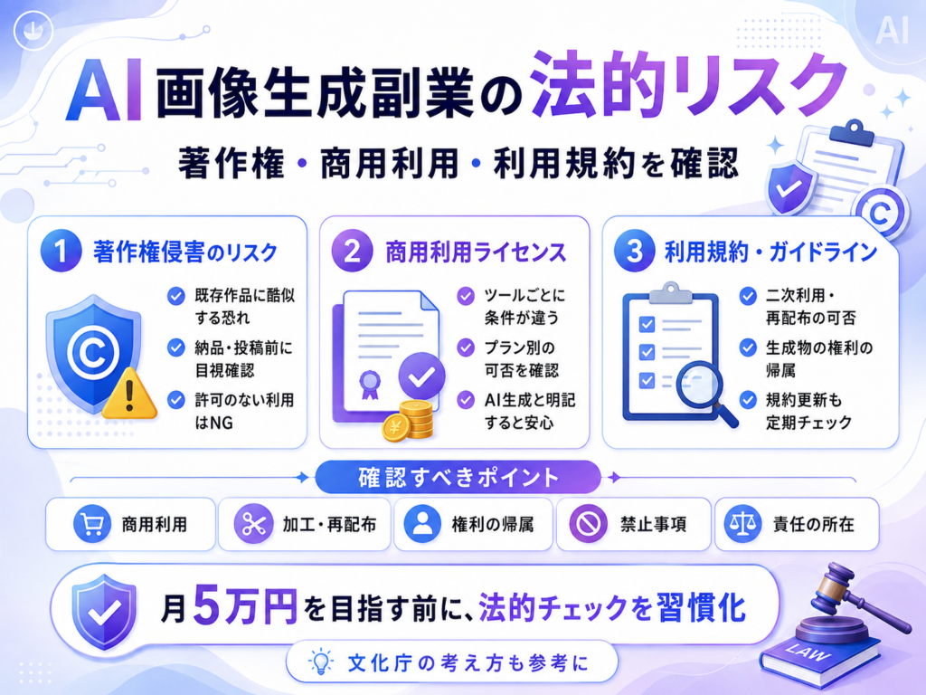 AI画像生成の副業で注意すべき法的リスク【2026年版】