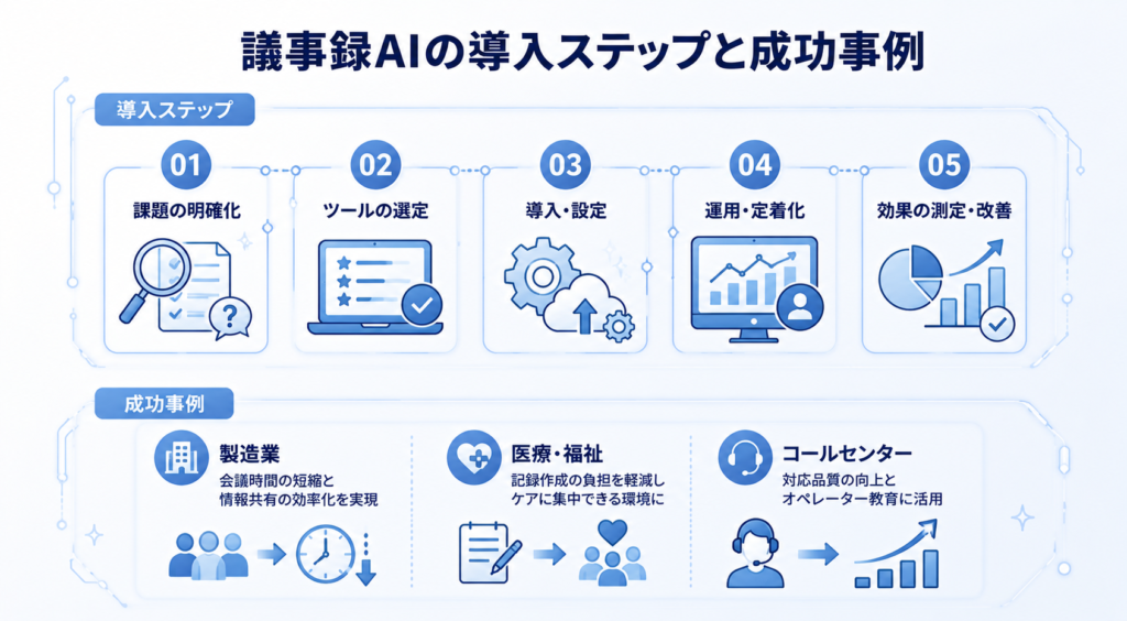 議事録AI導入ステップと成功事例の画像