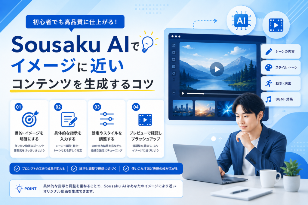 Sousaku ai でイメージに近いコンテンツを生成するコツと書かれた画像
