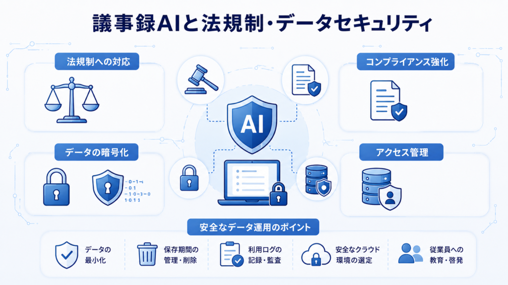 議事録AIツールと法規制とデータセキュリティの画像