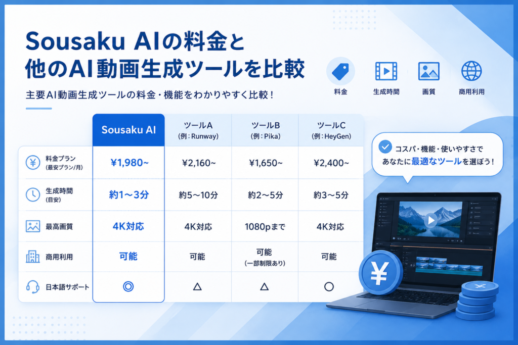 Sousaku AIの料金と他のAI動画生成ツールを比較と書かれた画像