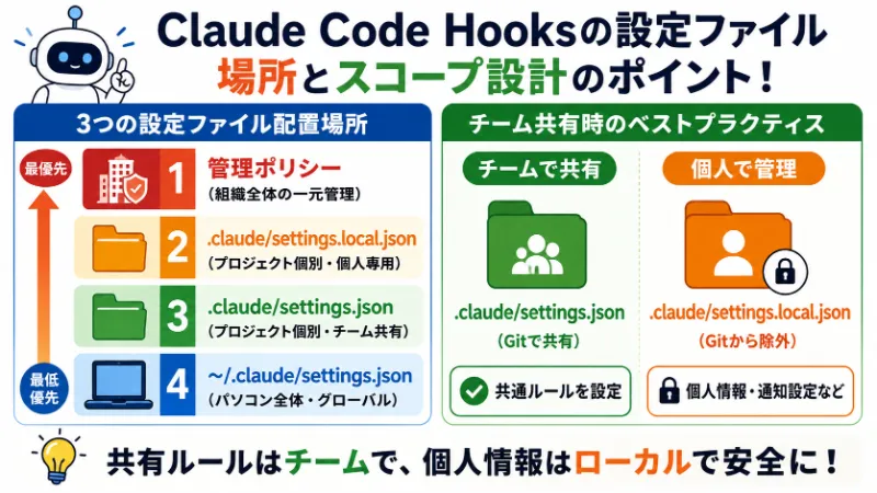 Claude Code Hooksの設定ファイルの場所とスコープ設計