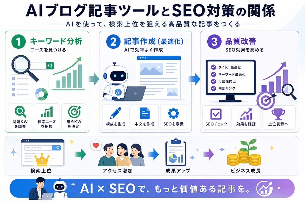 AIブログ記事ツールとSEO対策｜検索上位を狙うための活用方法の画像