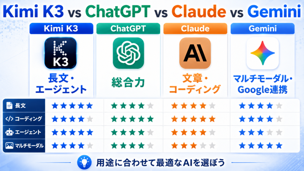 Kimi K3とChatGPT・Claude・Geminiを比較｜どれを選ぶべき？の画像