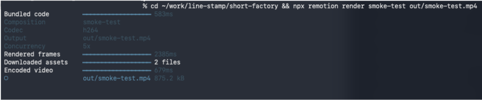 npx remotion renderでmp4を書き出したときのターミナルの表示