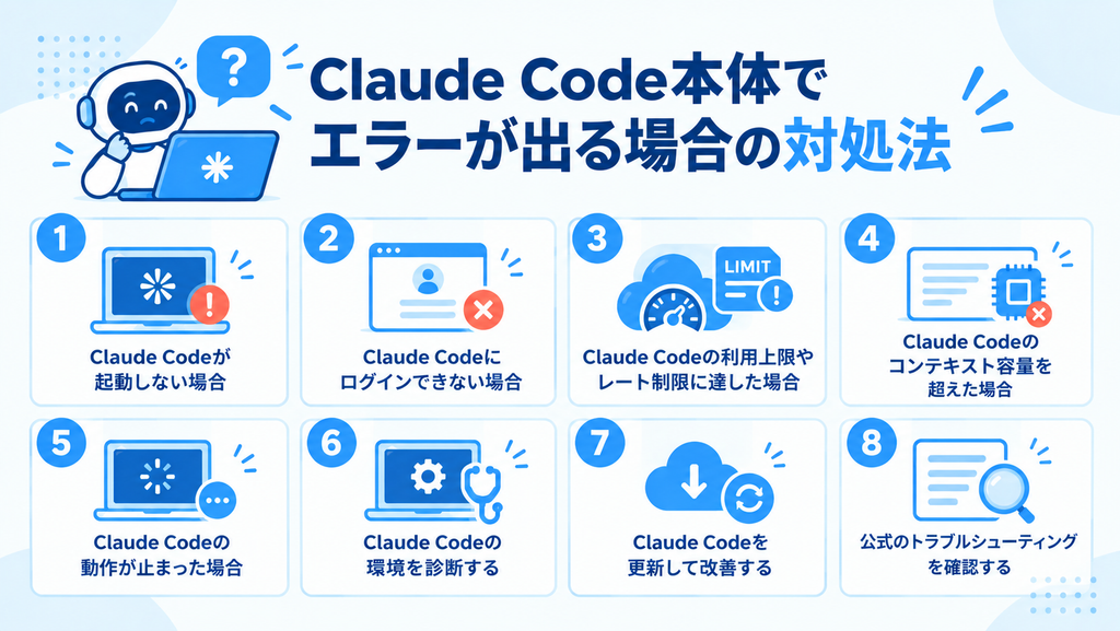 Claude Code本体でエラーが出る場合の対処法と書かれた画像