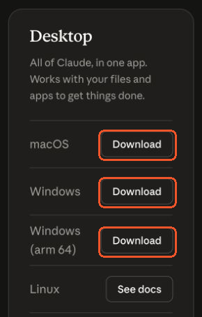 ClaudeのOS別ダウンロードボタン