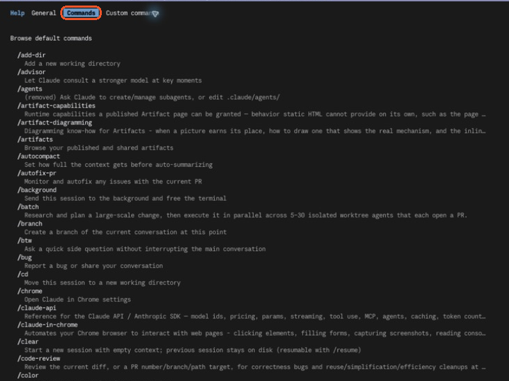 Claude CodeのCLI版helpにあるCommands一覧