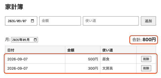 家計簿を再読み込みした後も支出2件と合計800円が残る画面