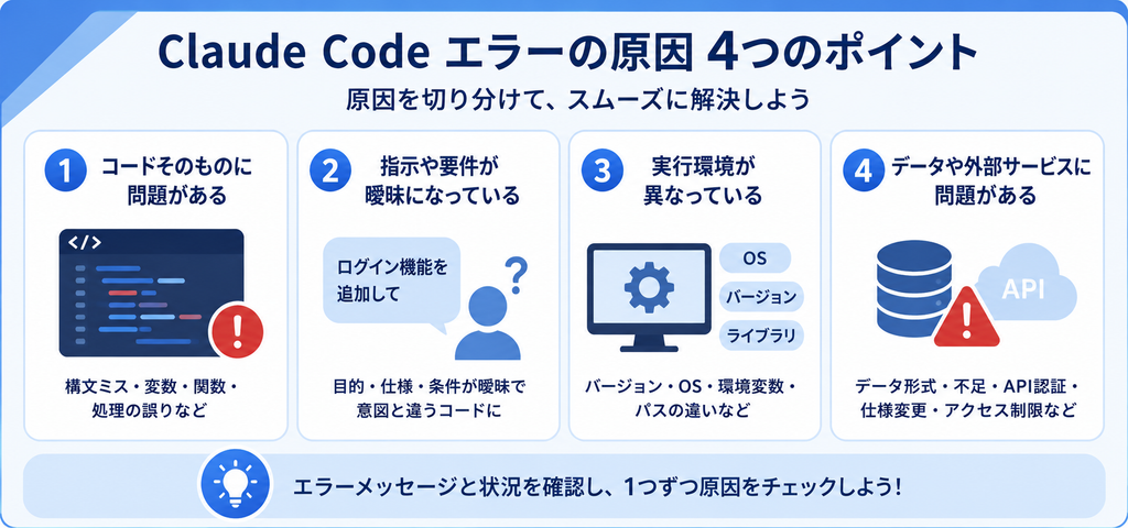 クラウドコードエラーの原因の4つのポイントと書かれた画像
