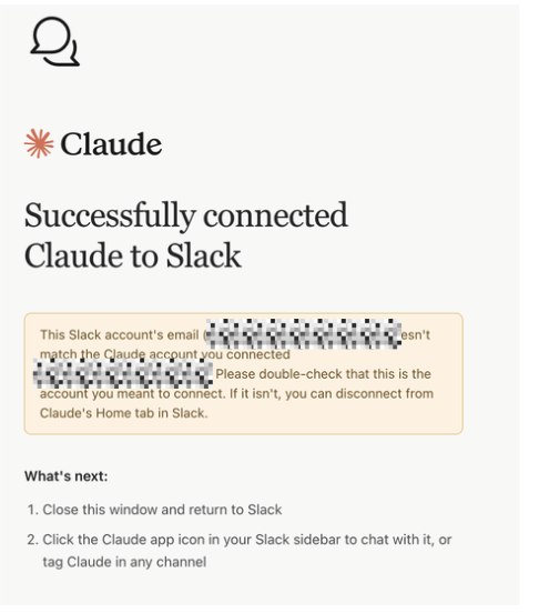 ブラウザに表示された「Successfully connected Claude to Slack」の画面
